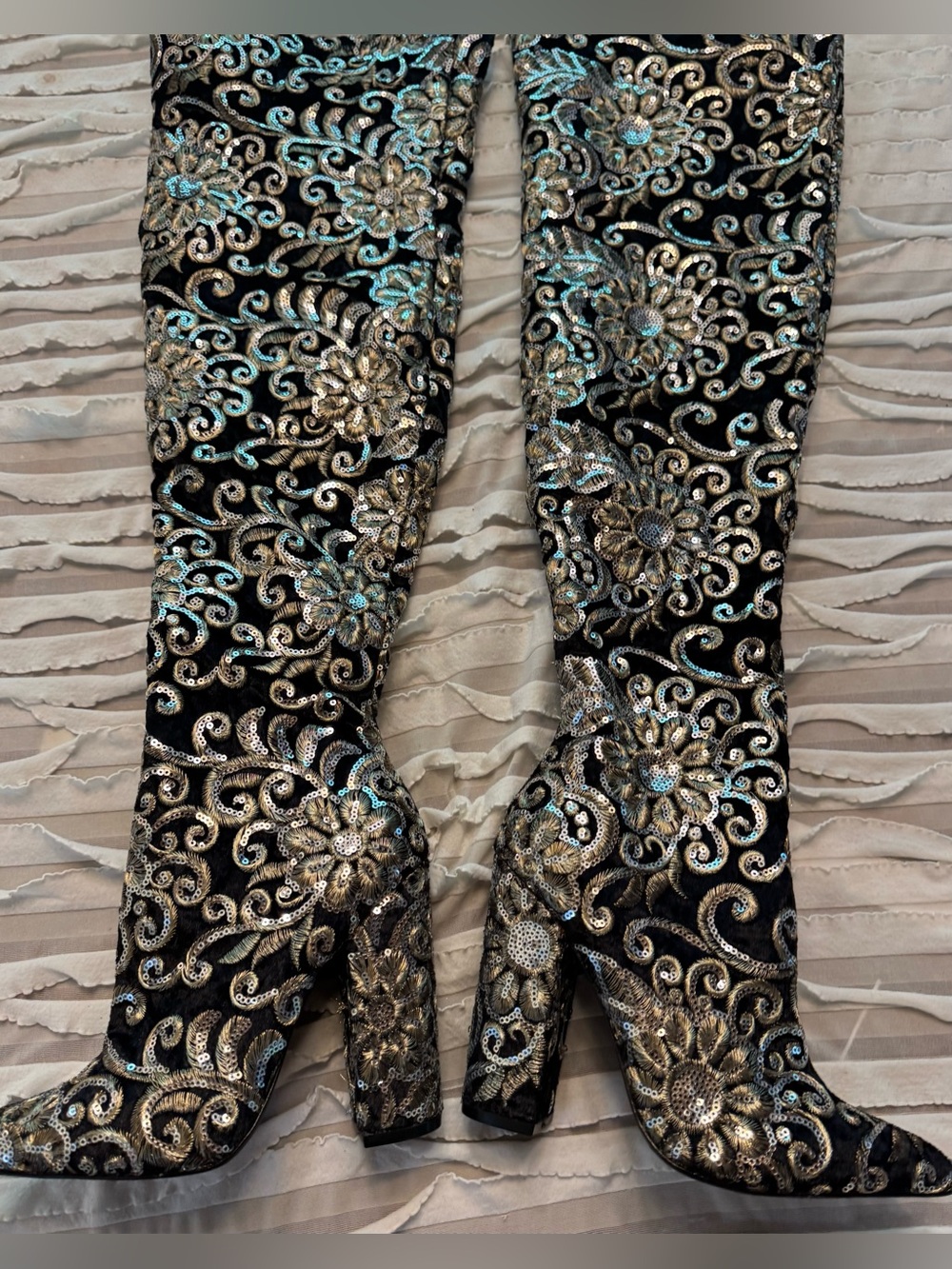Lauren Lorraine Black Silver Sequin Beaded Baroque Renni Thigh Boots Zip Size 7